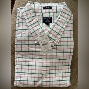 J. Crew Factory Men's Casual Shirt - White with Pink and Green Plaid
